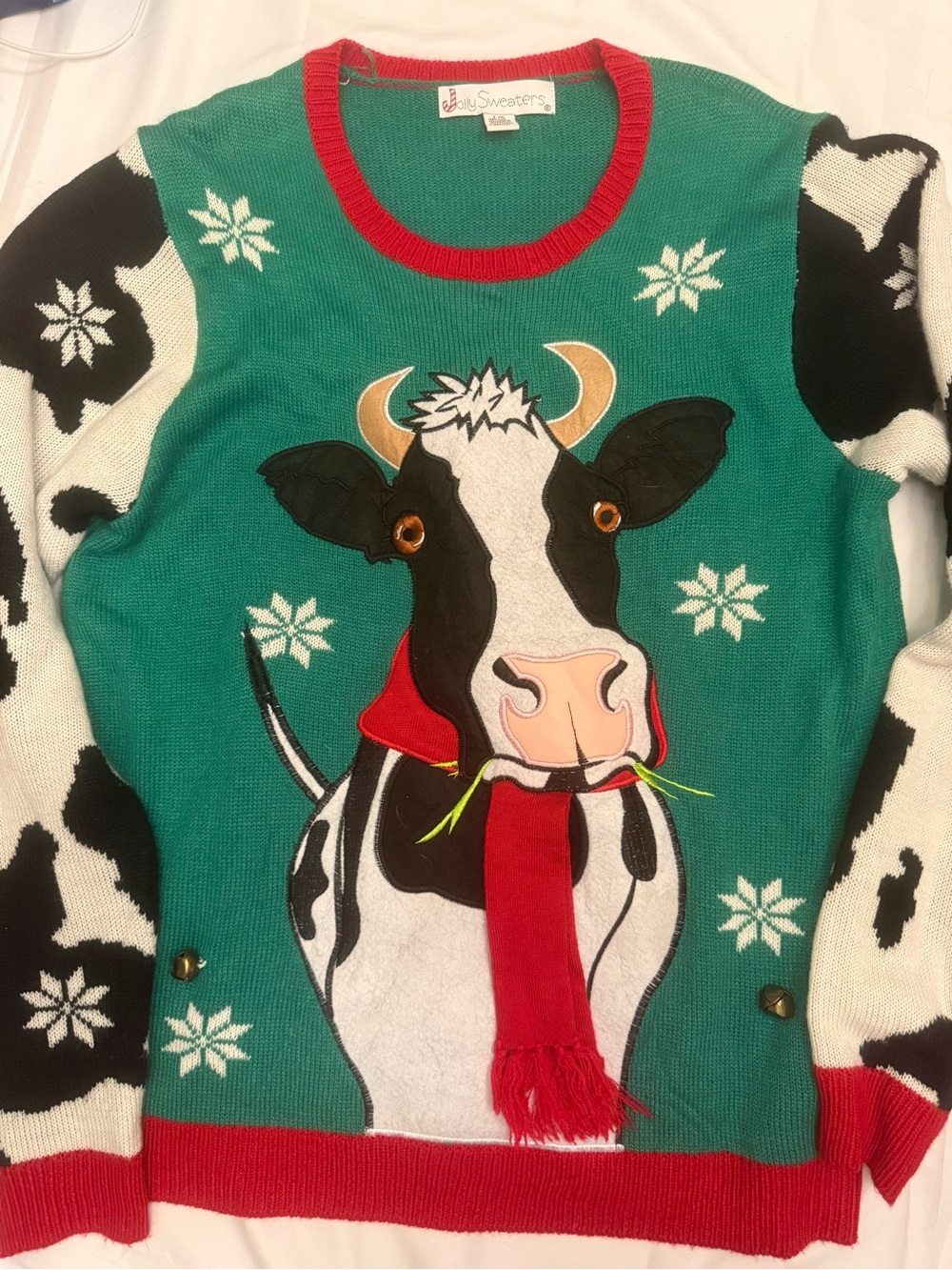 Green Cow-Appliqué Crewneck Sweater with Red Trim by UglySweaters